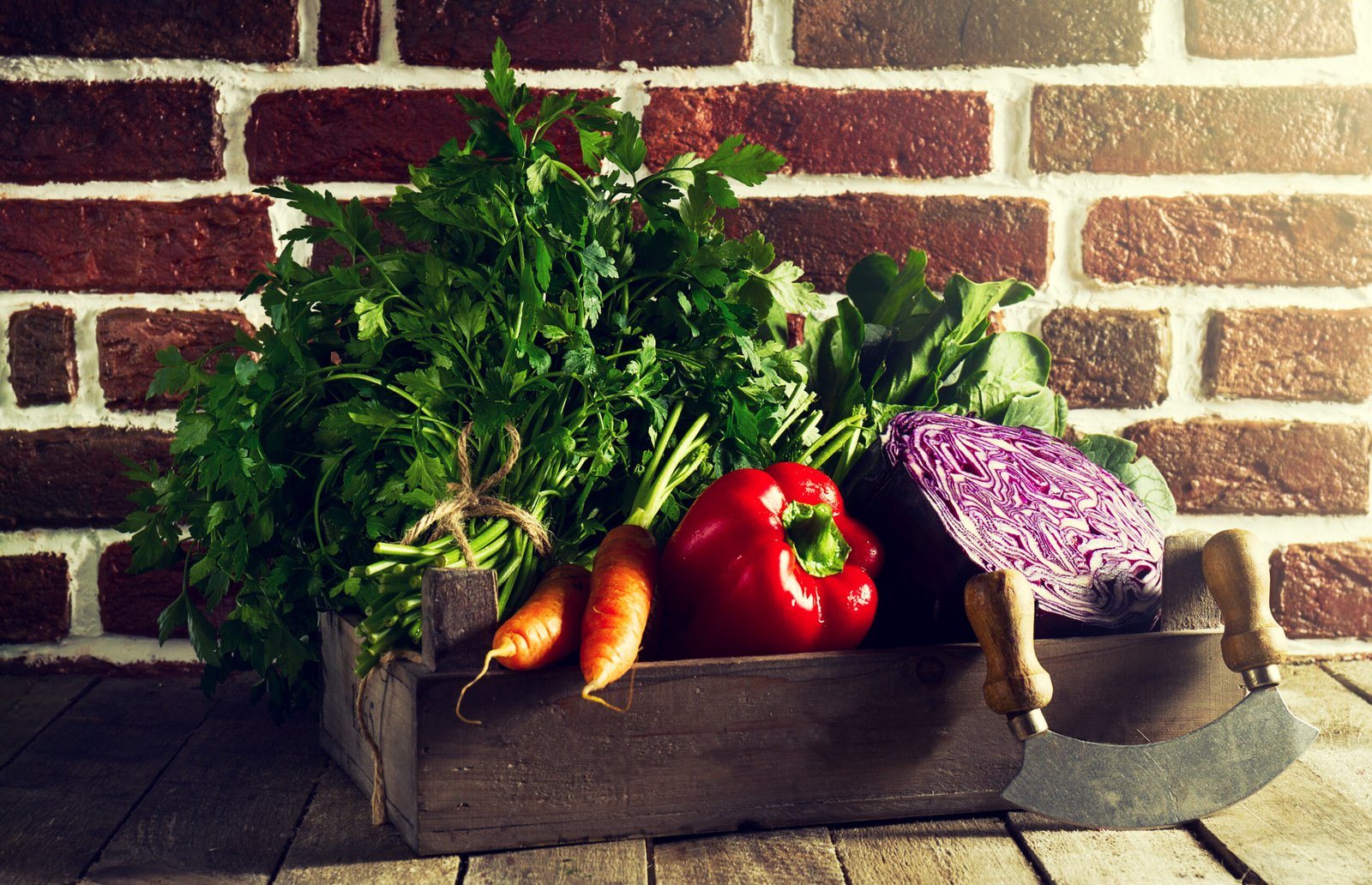 Food Vegetable Colorful Background. Tasty Fresh Vegetables in Wooden Box on Wooden Table. Kitchen Background. Copy Space. Toning.